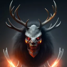 BEAST IN BLACK - Rendezvous,dark figure with scythe, full body, glowing eyes, grey mist, light rays, torch, cute glassy eyes, antlers