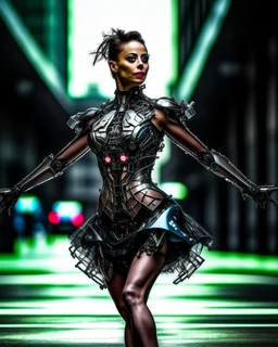 Photography beautiful woman as cyborg dancer wearing dress full mechanical,dancing on street