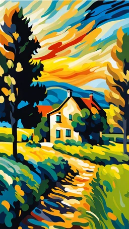 picture of a cottage surrounded by fields and trees in cezanne/van gogh style