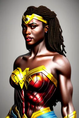 wonder woman in Kente costume portrait, cinematic, ghana colours, african pattern, engraved, high detail