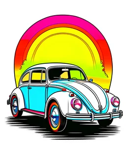 artwork of t-shirt graphic design, flat design of one retro ,volkswagen beetle, colorful shades, highly detailed clean, vector image, photorealistic masterpiece, professional photography, realistic car, simple sunrise backdrop for car, flat white background, isometric, vibrant vector