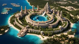 This 16K high-definition image aerial view of Atlantis. Rich architecture and vegetation, while iconic ring-shaped structures are distributed across the landscape, showcasing the prosperity of an advanced civilization. The interplay of light and shadow highlights intricate details, creating a mysterious and grandiose portrayal of this civilization. Bright clear rich colors and gold, grand in scale highly detailed, amazing, spectacular, magnificent, stunning architecture, inspiring, majestic