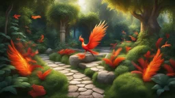 garden with lush greenery and a beautiful stone winding path. Only one creature: the Firebird. The feathers of the Firebird are vibrant red, orange, and gold, each one glowing with an otherworldly brilliance.