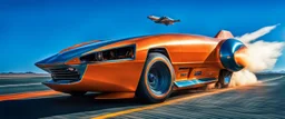 A national geographic award-winning photograph of a military fighter jet station wagon elephant hybrid bilaterally symmetrical designed by skunkworks, only one vehicle per image painted metallic orange traveling at a high rate of speed, jet intake off of the front center of vehicle and jet exhaust out the rear with bright blue flame soviet retrofuturism, cassette tape futurism, sleek but squared, tremendous nuclear powered engine