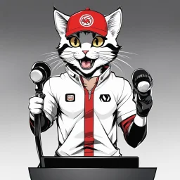 a drawing of a manga cat man with a sports cap and shirt, speaking at a (((lectern))) with a microphone, red, white and black colors, cat white and black colors, microphone in one hand, cat asking