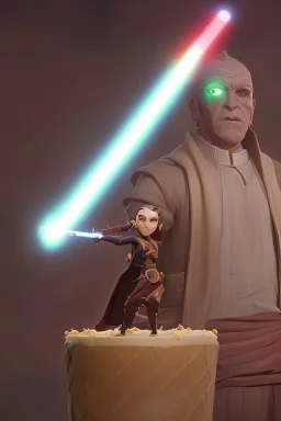 sponge cake filled with chocolate topped with a marzipan Jedi holding a lightsaber