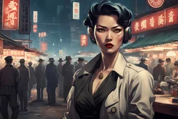 A tough woman cyborg detective watching gangsters at a night market in a 1950s dieselpunk Taiwan.