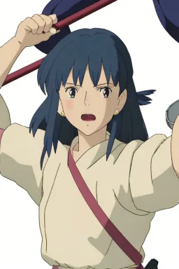 Yui: A full body image of Yui standing confidently in her rugged clothing, hands on her hips. Her athletic build, dark hair streaked with blue, and vibrant green eyes are clearly visible. Her look of determination reflects her adventurous spirit. A full-body depiction of Yui revealing her in sturdy work attire: a patched, sleeveless top with a utility belt, khaki cargo pants, worn boots. Her protective gloves and respirator mask hang at her side.