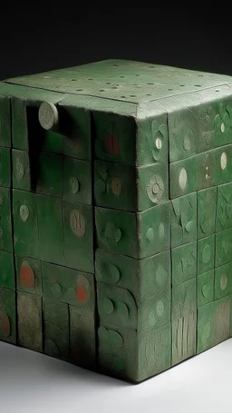 A grayish green burg covered in mildew designed in Scandinavian folk art painted by Paul Klee