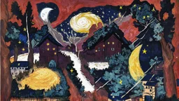 A swirling night sky with bright yellow stars and a crescent moon over a village with houses and trees in the foreground