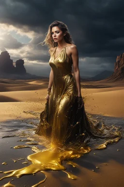 A hyper-realistic photo, beautiful woman laing on ground disintegrating into gold dripping ink and slime::1 ink dropping in water, molten lava, , 4 hyperrealism, intricate and ultra-realistic details, cinematic dramatic light, cinematic film,Otherworldly dramatic stormy sky and empty desert in the background 64K, hyperrealistic, vivid colors, , 4K ultra detail, , real photo, Realistic Elements, Captured In Infinite Ultra-High-Definition Image Quality And Rendering, Hyperrealism,