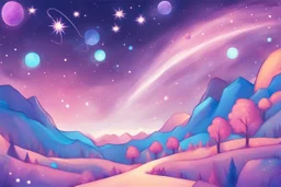 A magical galaxy drawing in the background, with lots of shining stars and bright colors. You can use blues, purples, and pinks to give your scene a whimsical feel.