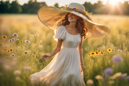 pohoto from a young woman, elegantly adorned in a big summer hat and a summer dress stands in the center of a vast field. Her face happy, a gentle smile playing on her lips as she feels the warm embrace of the sunshine and the tender kiss of a soft summer breeze. The meadow is a canvas of harmony with a dazzling array of wildflowers that dance and sway in the little wind. The blue sky and sunshine, high reality, detalied, photoreal, stunning