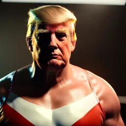 Realistic photo, Donald trump wrestler, wrestling dress, sweat, retro style, 80s, hot ambient, photo studio, red, smooth color, gradient, highly detailed, art stations, concept art, smooth, unreal engine 5, god rays, ray tracing, RTX, lumen lighting, ultra detail, volumetric lighting, 3d, finely drawn, high definition, high resolution.