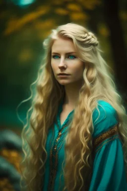 portrait of a beautiful Norwegian woman with super long blond hair, warm-hearted, goddess, turquoise