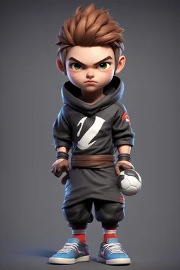 warrior, cute, 2.5D, zbrush, cartoon cute male football player with sneakers, front view, wearing a ninja costume, lit children, 32k uhd, round,8k,HD, wall background