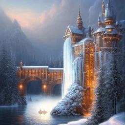 fantasy art, book cover, big wolf in front of the ebony stairs of a bridge or dam ,icy water, on the bridge is a wolf, there is also a hawk