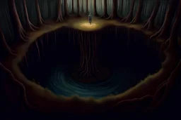 the top view of a deep pit, a surreal painting, scary, in a tree