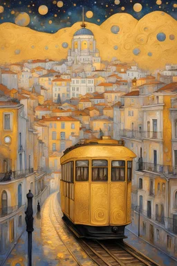 lisbon city view with famous yellow tram, surreal, mystical, wonder, mysterious, gustav klimt style, gold leaf, romantic, art nouveau, celestial, cosmic