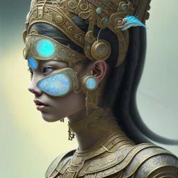 Sango fantasy, fantasy magic, intricate, sharp focus, illustration, highly detailed, digital painting, concept art, matte, art germ and Paul Lewin and Kehinde Wiley, masterpiece Mayan princess dancer head bronze feather's' Asian Latin girl nice breast brown Thai hair turquoise silver blue sky