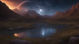 A stunning night sky seen from the bottom of a deep valley. a dying star. exquisite realism, a masterpiece, fantasy concept art, dynamic lighting, intricately detailed, deep color, Unreal Engine, volumetric lighting, Epic cinematic brilliant stunning intricate meticulously detailed dramatic atmospheric maximalist digital matte painting. Jeff Easley