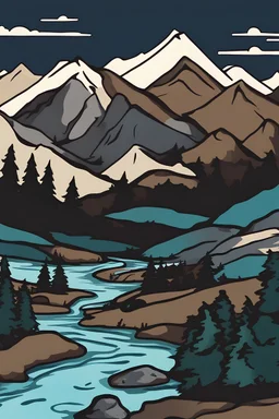a sticker of a river going through the mountains bob ross style