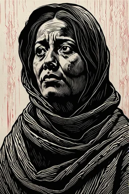 create a deeply powerful tragic, heart wrenching, and evocative, full body woodcut of a raw and weathered young refugee mother with highly detailed and deeply cut facial features, lost in a horrific post apocalyptic Gaza, in the style of KATHE KOLLWITZ , searing lines and forceful strokes