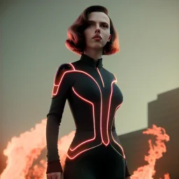 retro sci-fi portrait image from 1960, supermarket parking explosion, fire, classic black widow, young Scarlett Johansson, tight lycra suit, soft color, highly detailed, unreal engine 5, ray tracing, RTX, lumen lighting, ultra detail, volumetric lighting, 3d, finely drawn, high definition, high resolution.