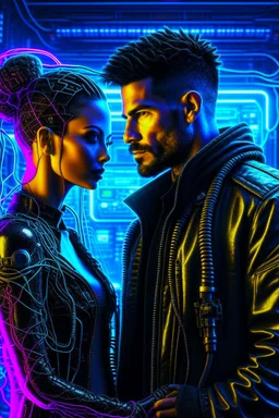 a handsome cyberpunk man connected by wires with a beautiful cyberpunk woman