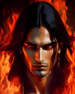 A handsome young man with long straight black hair, sun kissed skin and red eyes using luxurious Indian clothes in a burning fire background