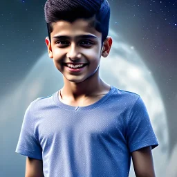 beautiful smooth realistic, indian male boy, 11 y/o boy, run on dark cosmos background, extremely sharp detail, finely tuned detail, ultra high definition, 8k, unreal engine 5, ultra sharp focus, smile teeth, happy