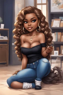 Create a magna art of a black chibi curvy female sitting on the floor looking at her cell phone. She is wearing tight blue jeans and a black off the shoulder blouse. Prominent make up with lush lashes. Highly detailed wavy ombre blonde and brown long hair. She is also wearing silver large hoop earrings