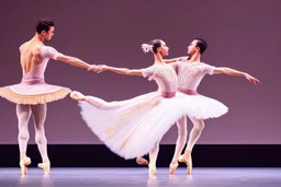 very beautiful a ballet male and female dancers couple in very pretty clothing dancing ,hyper realistic ,disco lightes,very luxury dance stage ,with nice light sources and devices in stage, close up