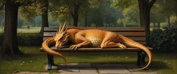 master oil painting by Rembrandt, flat dragon sleeping on a bench in the park