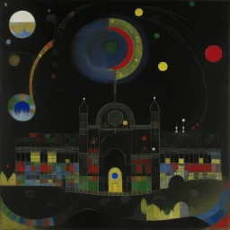 A black dark palace with a moon painted by Wassily Kandinsky