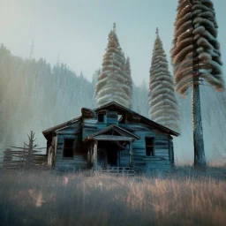 abandoned Ghosttown Gold mine Buildings in the mountains, winter, octane render, pine trees chimney smoke