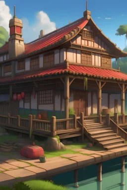 a realistic bathhouse inspired by the one from Spirited Away, set in rural Australia exterior