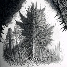 Sketch a composition where intricate smoke patterns transform into a forest of towering trees made entirely of crushed weed leaves, filling the canvas with a surreal and visually captivating asymmetrical patterns. Pencil sketch Drawing