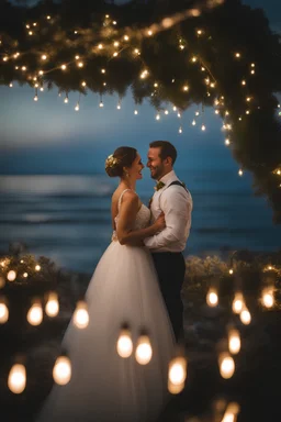 Photo Of A Wedding At The Ocean, Smileing Couple, Fairy Lights, Photorealistic, 8k, Nikon D