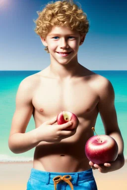 full body image of a beautiful 12 year old boy with long, blonde curly hair and light blue eyes, smiling, shirtless, holding a red apple in his right hand, in front of an distant beach