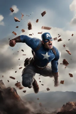 Create a picture of captain america falling from the skye to a pit