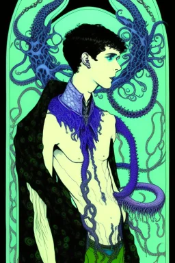 16 year old boy warlock with milky blue eyes, and 1 lamprey tentacle coming out of his belly in the style of Harry Clarke