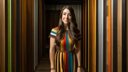 A young woman with long brown hair wearing a colorful dress standing in a wooden hallway with vertical slat walls and a tiled floor