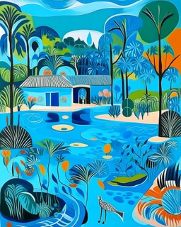 A blue resort on a lagoon designed in Australian aboriginal art painted by Henri Matisse