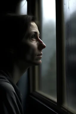 woman behind a foggy window dramatic hd highlights detailled wide and depth