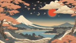 "Paint the serene infinity of the cosmos in the timeless style of Ukiyo-e, an ancient Japanese art form. Capture the breathtaking allure of swirling galaxies, radiant stars and flirtatious meteorites juxtaposed alongside traditional floating world motifs. Elevate the ordinary into the extraordinary, anchoring the celestial wonders into familiar, yet subtly transformed Ukiyo-e landscapes. Create a space Ukiyo-e masterpiece where the ethereal meets the earthly."