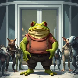 digital illustration of a fantasy and sci-fi setting. A fat anthropomorphic frog with gray-green colors skin wearing human clothes and standing in front of a white-glass modern restaurant door and is facing the camera. a lot of creatures stand back at camera, some like an mutant strong pigs, and others larger tall strong body alien, a bristled mutant, a pig-like creature, mutant alien, a gray anthropomorphic big rhinoceros, alien with big head, creatures looking at frog