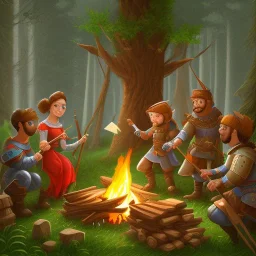 a group of people working on a base in the forest by a campfire in the medieval times, all in pixel art cartoony stile