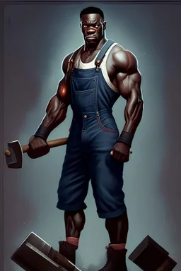 Black man with a muscular stature with a thor like sledge hammer in hand, dressed in overalls