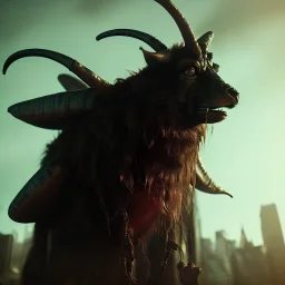 A portrait post-apocalypse of Baphomet ,in a sin city, sci-fi fantasy style, volumetric lighting, particales,highly detailed,cinamatic,8k,3D,fire and black deep colours,ignore NSFW.